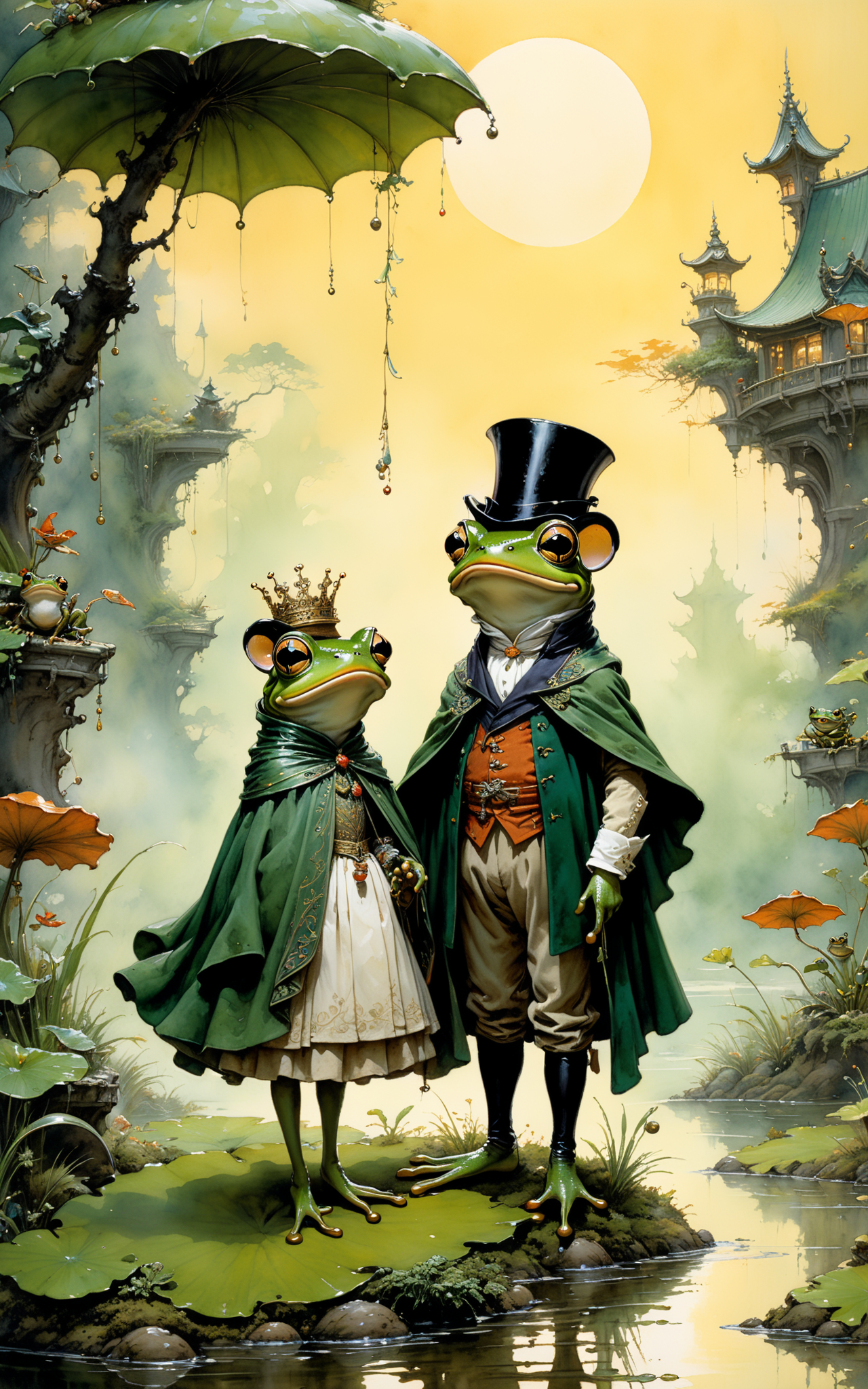 04386-3963407077-Whimsical ridicules funny happy prince frog with his girl, a stunningly detailed fluid gouache painting by Jean Baptiste Monge,.png